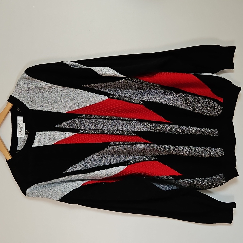 St Croix Knit Sweater Textured Colorblock Red Black Retro Y2K 90s Style LG